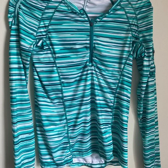 Athleta Striped Green and Blue Long Sleeve Athletic Runner’s Pullover - Picture 3 of 6